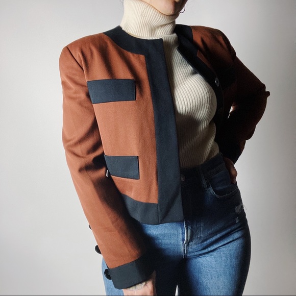 Vintage Jackets & Blazers - VINTAGE ANN TAYLOR Colorblock Mahogany Brown & Black Cropped Blazer Womens 4